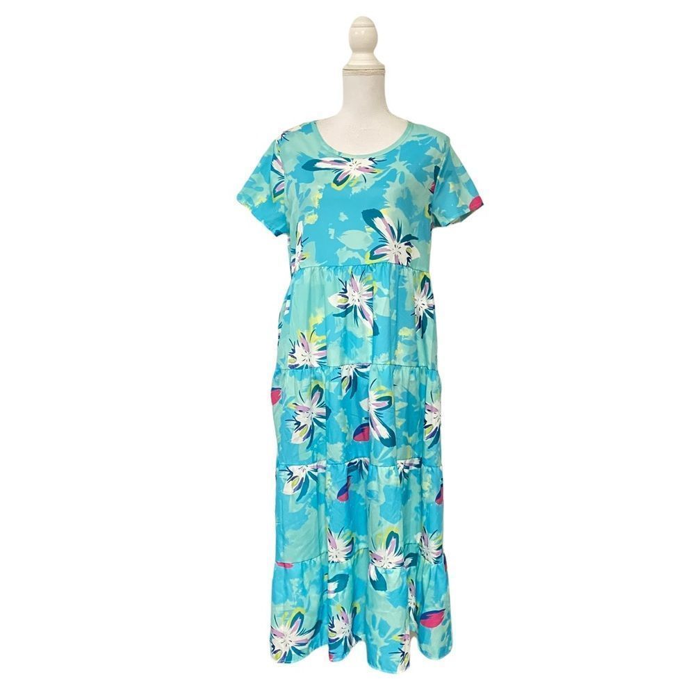 Large Summer Tiered Printed Aqua Blue Maxi Dress Light Weight Beachy Tropical